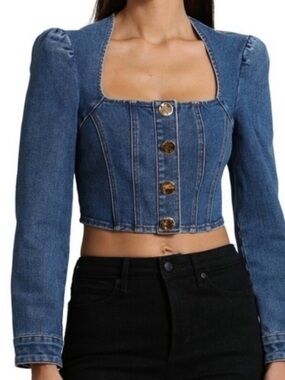 Avec Les Filles Puff Shoulder Long Sleeve Denim Crop Top sz L